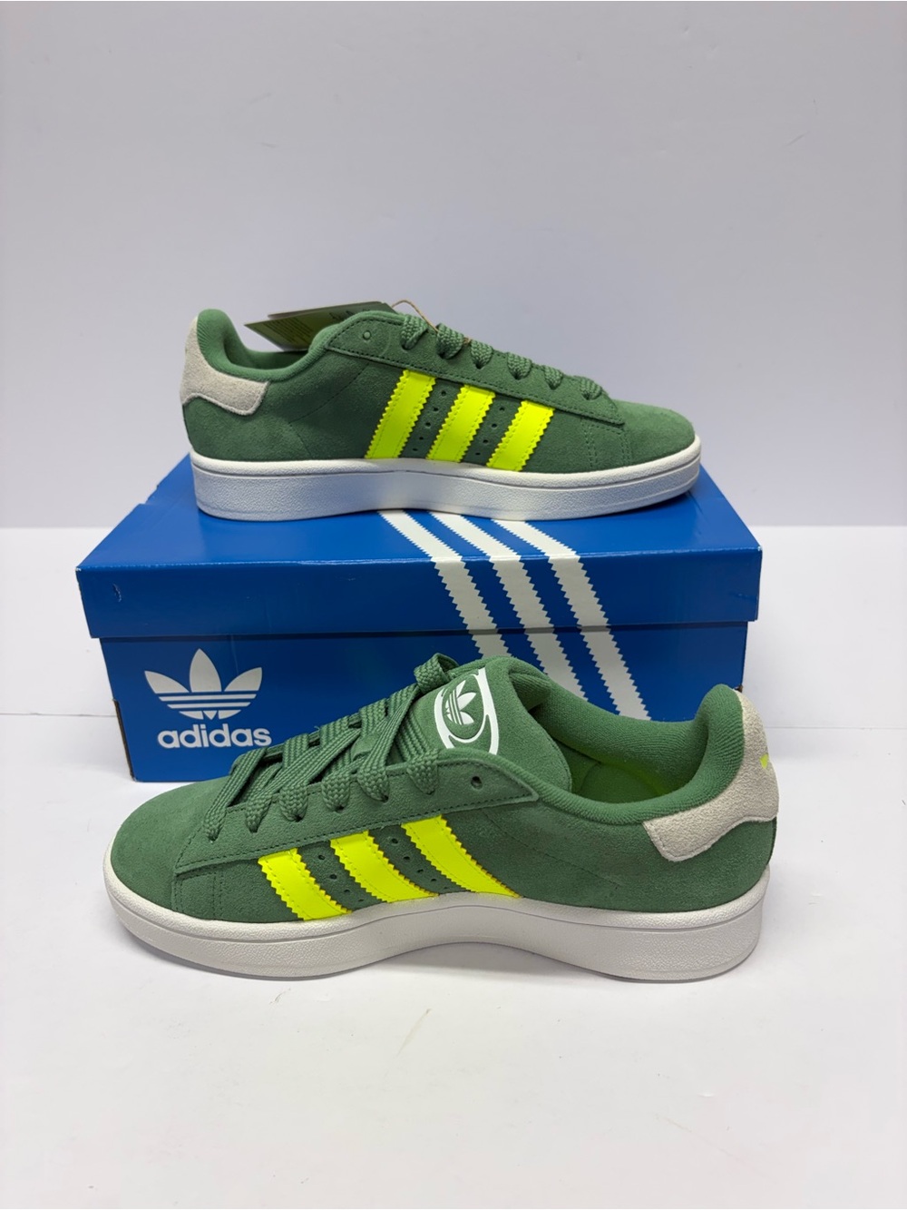 adidas KIDS Green Suede Sneakers with Neon Yellow Stripes